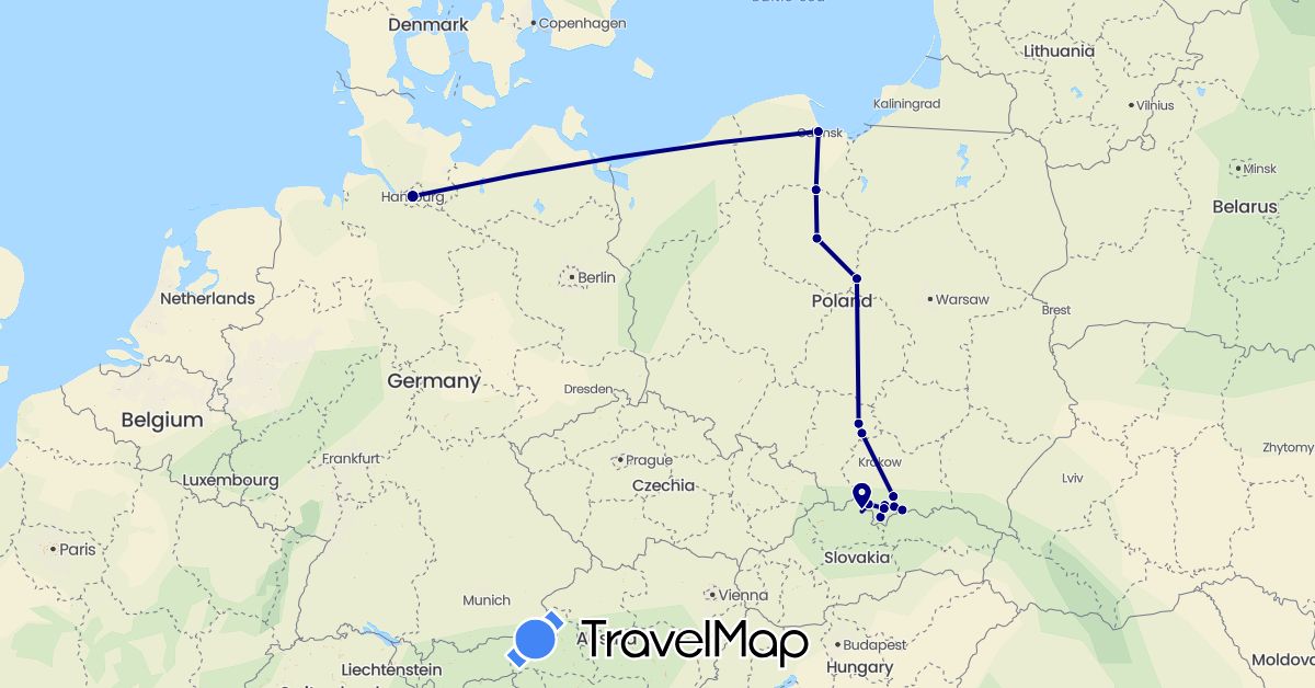 TravelMap itinerary: driving in Germany, Poland, Slovakia (Europe)
